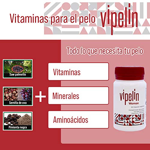 VIPELÍN Woman - 60 cápsulas | Vitaminas para el pelo, tratamiento caída del cabello | Específico para la mujer | Ingredientes 100% naturales | FABRICADO EN ESPAÑA