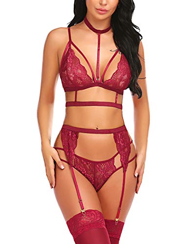wearella Conjunto de lencería sexy para mujer, con liguero, gargantilla de encaje, ropa interior, sujetador y braguitas (sin medias), borgoña, XL