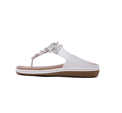 Xnhgfa Sandalias de cuña baja bohemia para mujer, de verano, cómodas, zapatos de playa para niñas, ajuste ancho con cuentas de diamantes de imitación, antideslizantes, color blanco, 40