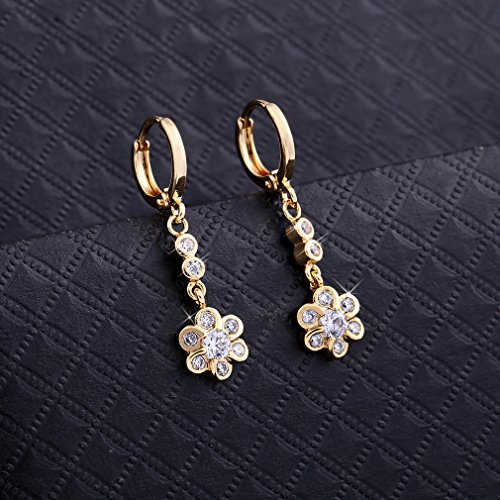 Yazilind oro 18K plateado cuelga los pendientes de aro circonio cúbico pendientes de flores con encanto para la Mujer