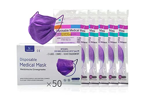 YINHONYUHE Mascarilla Quirúrgica Desechable Homologada, 50 Unidades, Color Morado,CE BFE ≥98%, EN 14683:2019+AC:2019 Type IIR
