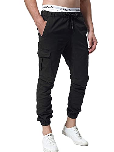 ZOEREA Pantalones Hombre Casuales Deporte Elásticos Joggers Largos Pants con Bolsillos Algodón Slim Fit Cargo Trouser de Hombres Negro, L