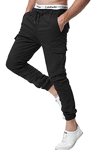 ZOEREA Pantalones Hombre Casuales Deporte Elásticos Joggers Largos Pants con Bolsillos Algodón Slim Fit Cargo Trouser de Hombres Negro, L