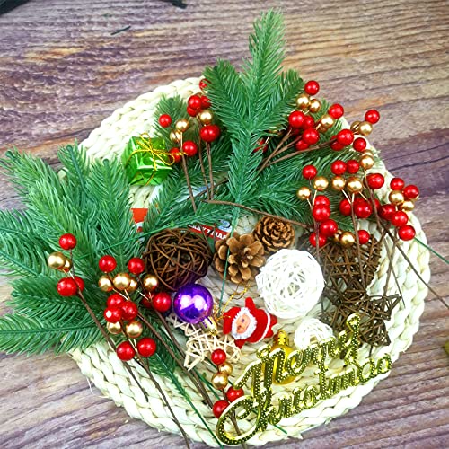 20 Piezas Ramas de Pino Artificiales + 20 Piezas Baya Roja Artificial,Ramas de Abeto Artificial Plástico,para decoración del hogar, decoración de Corona de Navidad