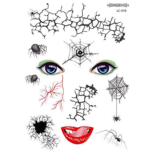 2019 Nueva etiqueta engomada impermeable del tatuaje de la cara de Halloween broma aterradora Etiqueta engomada del tatuaje para la atmósfera Masquerade divertida de Blemish, como se muestra, España