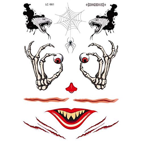 2019 Nueva etiqueta engomada impermeable del tatuaje de la cara de Halloween broma aterradora Etiqueta engomada del tatuaje para la atmósfera Masquerade divertida de Blemish, como se muestra, España