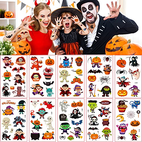 30 Hojas Tatuajes Temporales Niños Set de Halloween, 20 hojas Tatuajes de Dibujos Animados y 10 hojas Tatuajes que Brillan la Oscuridad, Accesorios de Decoración Halloween, Suministros Para Fiestas