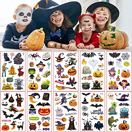 30 Hojas Tatuajes Temporales Niños Set de Halloween, 20 hojas Tatuajes de Dibujos Animados y 10 hojas Tatuajes que Brillan la Oscuridad, Accesorios de Decoración Halloween, Suministros Para Fiestas