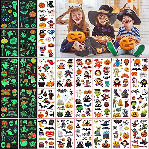 30 Hojas Tatuajes Temporales Niños Set de Halloween, 20 hojas Tatuajes de Dibujos Animados y 10 hojas Tatuajes que Brillan la Oscuridad, Accesorios de Decoración Halloween, Suministros Para Fiestas