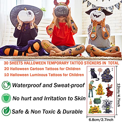 30 Hojas Tatuajes Temporales Niños Set de Halloween, 20 hojas Tatuajes de Dibujos Animados y 10 hojas Tatuajes que Brillan la Oscuridad, Accesorios de Decoración Halloween, Suministros Para Fiestas
