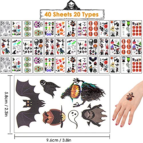 378 PCS Halloween Fiestas Pegatinas, Halloween Tatuajes, Pegatina Temporal, 40 Hojas Halloween Tattoos, Tatuajes de Halloween para Niños, Pegatinas de Halloween, para niños Mascarada Halloween