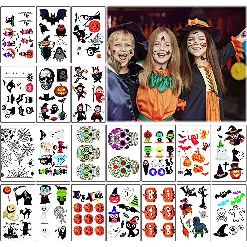 378 PCS Halloween Fiestas Pegatinas, Halloween Tatuajes, Pegatina Temporal, 40 Hojas Halloween Tattoos, Tatuajes de Halloween para Niños, Pegatinas de Halloween, para niños Mascarada Halloween