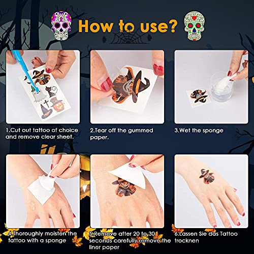 378 PCS Halloween Fiestas Pegatinas, Halloween Tatuajes, Pegatina Temporal, 40 Hojas Halloween Tattoos, Tatuajes de Halloween para Niños, Pegatinas de Halloween, para niños Mascarada Halloween