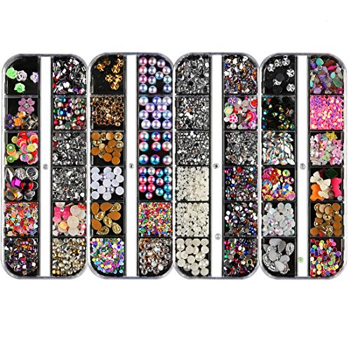 4 Cajas en Total 48 Rejillas Arte de Uñas Piedras de Strass Cristales Piedras Preciosas de Espalda Plana Variedad Arte de Uñas Piedras de Strass 3D Para Uñas Decoración Maquillaje Ropa Zapatos