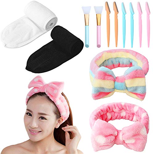 4 piezas de diadema facial, maquillaje, envoltura de baño, toalla deportiva de tela de felpa con cinta mágica, cinta elástica para el pelo con lazo con 2 cepillos, 6 maquinillas de afeitar para cejas