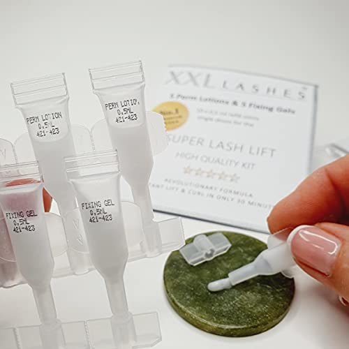 5 sobres de gel de permanente y 5 mini tubos de loción fijadora de un solo uso para permanente y levantamiento de pestañas, un éxito de ventas, fórmula revolucionaria, tiempo de reacción de 2 a 5 min.