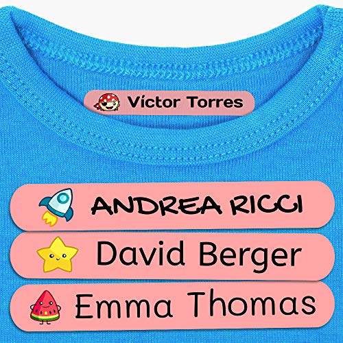 50 Etiquetas adhesivas para ropa personalizadas. Pegatinas termoadhesivas con nombre para marcar la ropa de niños y bebés (con plancha). Tamaño 6 x 1 cm. Resistentes a lavadora.