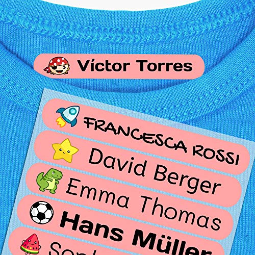 50 Etiquetas adhesivas para ropa personalizadas. Pegatinas termoadhesivas con nombre para marcar la ropa de niños y bebés (con plancha). Tamaño 6 x 1 cm. Resistentes a lavadora.