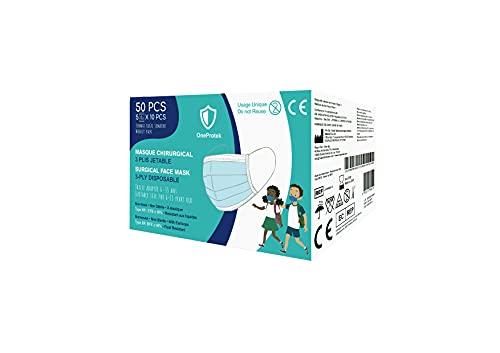 50 Mascarillas niños desechables OneProtek - Homologadas CE BFE ≥98% Tipo 2R IIR EN14683 - Mascarillas infantiles quirúrgicas, cómodas, transpirables y elásticas resistentes