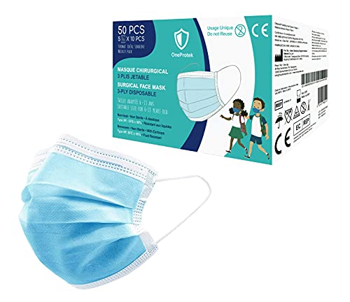 50 Mascarillas niños desechables OneProtek - Homologadas CE BFE ≥98% Tipo 2R IIR EN14683 - Mascarillas infantiles quirúrgicas, cómodas, transpirables y elásticas resistentes