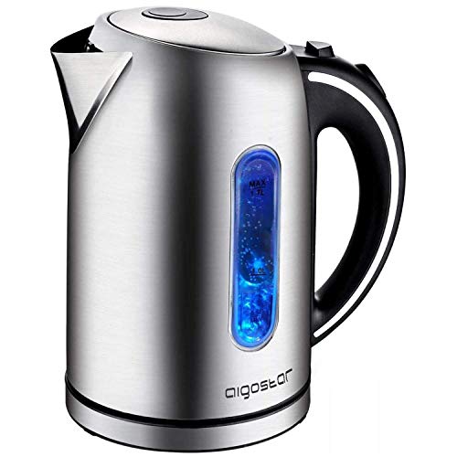Aigostar King – Hervidor de Agua Eléctrico de Acero Inoxidable, Hervidores Eléctrico con Iluminación Led, 1,7 L, 2200W, Tetera electrica Libre de BPA, Filtro Extraíble, Apagado Automático