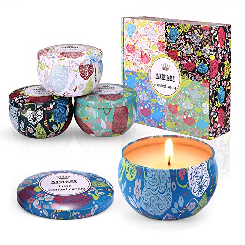 AIMASI Juego de 4 velas perfumadas de jazmín, loto, flores de lila y Gardenia blanca, vela de lata de viaje portátil de cera de soja natural