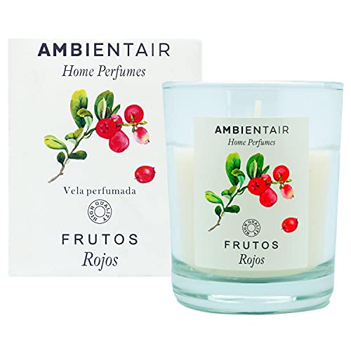 Ambientair Home Perfume. Vela aromática Frutos Rojos, ambientador de frutos rojos, Vela aromática para casa, Aromaterapia, Vela en vaso de cristal para interiores. Duración 30 horas.