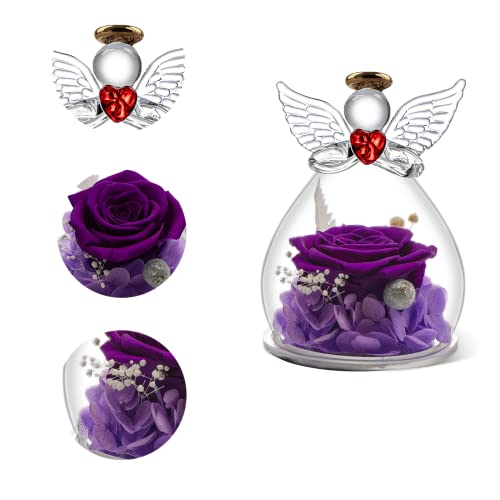 Ángel de Cristal de Rosa Eterna Bajo Cúpula, Decoración de Mesa de Ángel, Figura de Ángel de Flor Eterna Hecha a Mano, Regalo para Mamá, Regalos Abuela