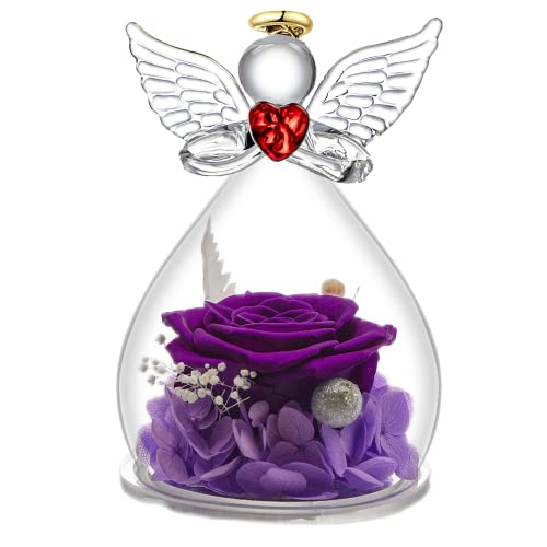 Ángel de Cristal de Rosa Eterna Bajo Cúpula, Decoración de Mesa de Ángel, Figura de Ángel de Flor Eterna Hecha a Mano, Regalo para Mamá, Regalos Abuela
