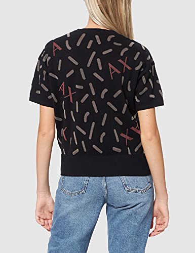Armani Exchange Jersey de Manga Corta, Cuello en V, Logotipo Jacquard Sudadera, Negro, XS para Mujer