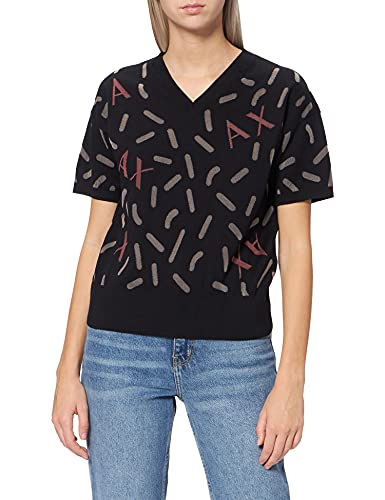 Armani Exchange Jersey de Manga Corta, Cuello en V, Logotipo Jacquard Sudadera, Negro, XS para Mujer