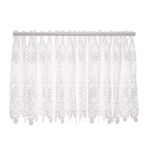 AWJ Cenefa de Cortina de Ventana Transparente de Encaje Floral Blanco, Cortina Corta de Tratamiento de Ventana con pestaña Superior, para Cocina/Sala de Estar/Dormitorio/Vidrio, Media cort