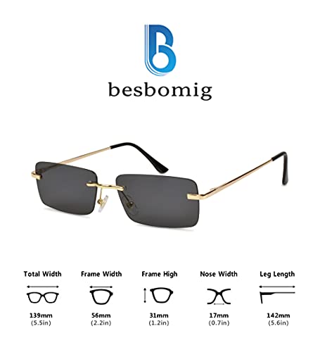 besbomig Vintage Gafas de Sol Rectangulares Sin Montura para Mujer y Hombre - Gafas Retro con Protección UV para Conducir y Deportes al Aire Libre
