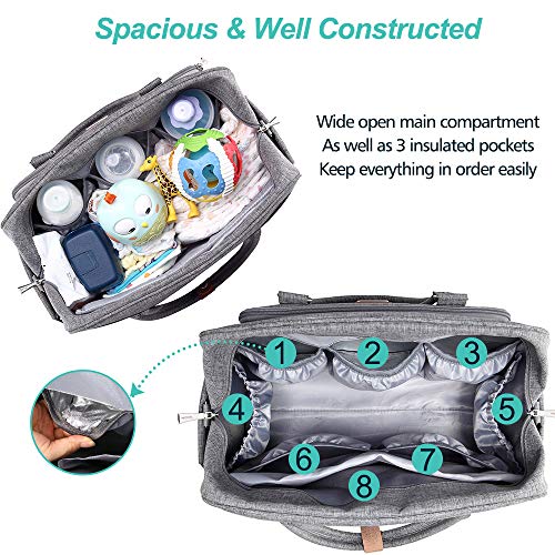 Bolsa de Pañalera WELAVILA, bolso para pañales unisex con almohadilla para cambiar y bolsillos aislados para Mamá y Papá, bolsa de viaje convertible, gris