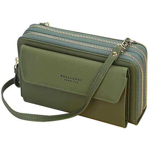 Bolsos Bandolera Móvil Bolso Monedero Móvil Mujer Carteras para Mujer con Doble Cremallera Bolso Móvil Cuero PU Bolso Bandolera para Mujere con Ranuras para Tarjetas y Correa Ajustable (Verde)