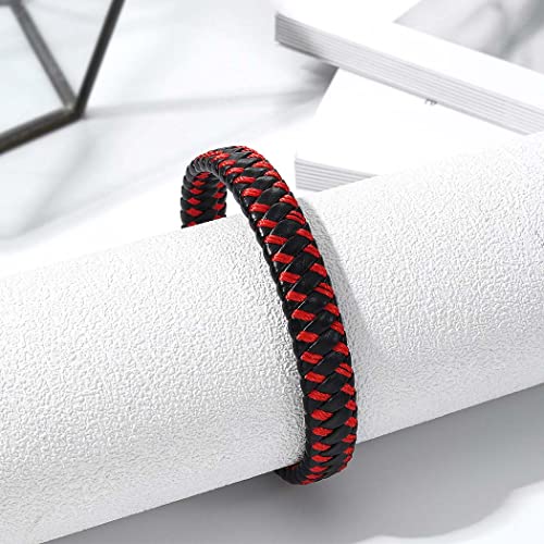 Branets Pulsera de cuero para hombre en rojo, Pulsera unisex de piel de vacuno genuina con cierre magnético tejido para hombres y mujeres