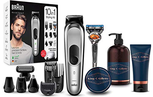 Braun MGK7220 Recortadora 10 en 1, set de depilación corporal y cortapelos para hombre + King C. Gillette Gel Limpiador para Barba y Rostro + Bálsamo para Barba + Gel de Afeitar Transparente