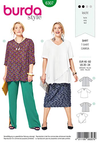 Burda 6307 - Patrón de costura para confeccionar blusas de mujer (tallas 46 a 60) [en inglés y alemán]