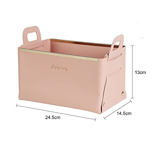 Cajas de almacenamiento de cuero, cesta de almacenamiento plegable, bandeja de escritorio con asa para casa, oficina, organizador para juguetes, libros, revistas (rosa)