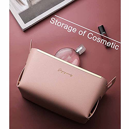Cajas de almacenamiento de cuero, cesta de almacenamiento plegable, bandeja de escritorio con asa para casa, oficina, organizador para juguetes, libros, revistas (rosa)