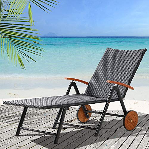CASARIA Tumbona Plegable de Poliratán Negro reclinable con 2 Ruedas de Madera de Acacia para jardín terraza balcón