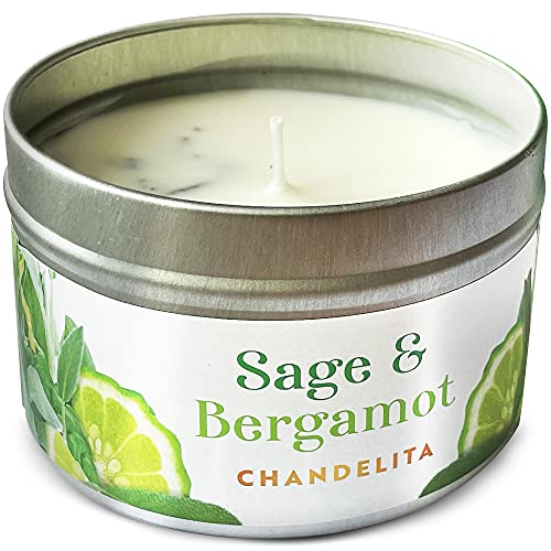 Chandelita Vela Aromática Salvia Y Bergamota con Cera De Soja Y Aceites Esenciales con Hojas De Salvia - Velas Aromáticas - Velas Decorativas - para Relajación, Meditación Y Decoracion Hogar