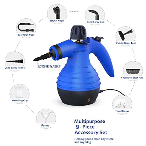 Comforday Limpiador Vapor Mano, Limpiador de Vapor Portátil de Usos Múltiples con 9 Accesorios para Quitar Manchas, Alfombras, Cortinas, Asientos de Auto, Cocina, Piso, Baño