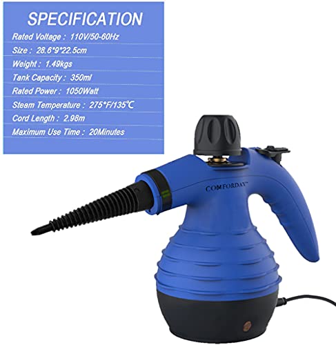 Comforday Limpiador Vapor Mano, Limpiador de Vapor Portátil de Usos Múltiples con 9 Accesorios para Quitar Manchas, Alfombras, Cortinas, Asientos de Auto, Cocina, Piso, Baño