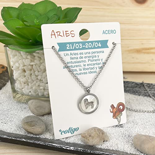 cotigo Collar Zodiaco Acero Inoxidable con Nácar hermosa Tarjeta Significado Signo Zodiacal Colgante Horóscopo Aries Para mujer o Hombre Regalo Cumpleaños Día de madre San Valentín (Aries)