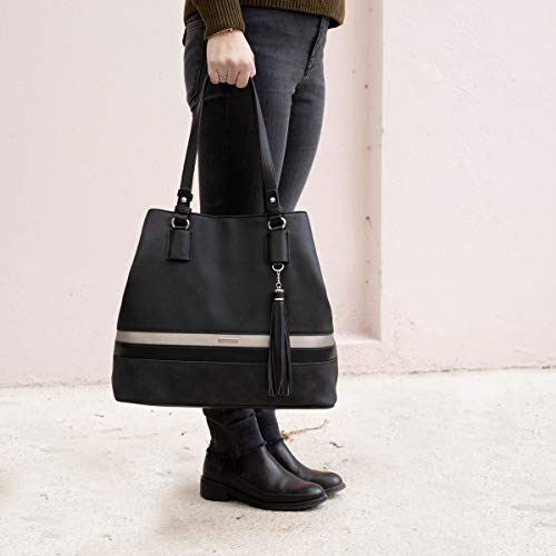 David Jones - Bolso de Hombro Grande Mujer - Tote Shopper Gran Capacidad Lona Suave Cuero PU Rayas - Bolsos de Mano Asa Larga Señora - Totalizador Casual Viaje Trabajo Escuela Diario Vida - Negro