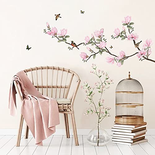 decalmile Pegatinas de Pared Flores Magnolia Rosa Vinilos Decorativos Aves en Rama Adhesivos Pared Salón Dormitorio Salón Comedor