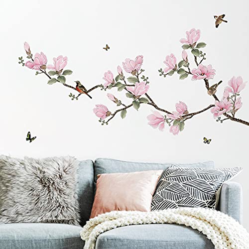 decalmile Pegatinas de Pared Flores Magnolia Rosa Vinilos Decorativos Aves en Rama Adhesivos Pared Salón Dormitorio Salón Comedor
