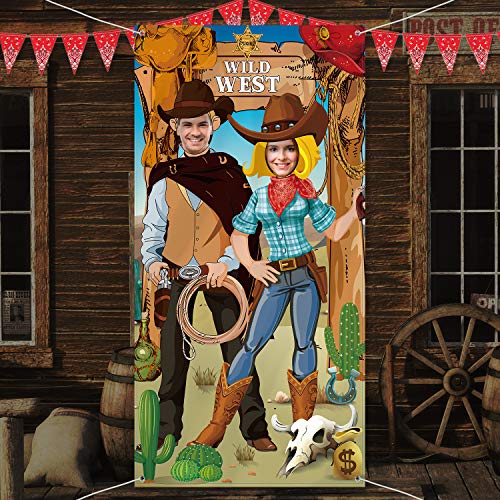 Decoraciones de Fiesta de Oeste Fotos de Vaquero del Oeste Accesorios de Cabina Tela Gran Vaquero Foto Puerta Bandera Fondo Suministros Divertidos de Juegos para Fiesta Salvaje del Vaquero 6 x 3 Pies