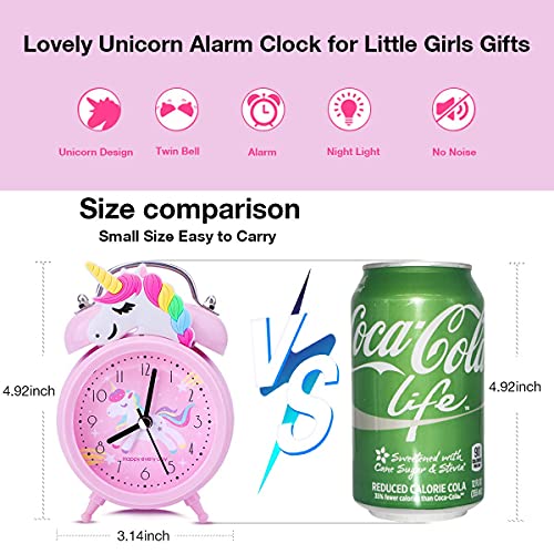 Despertadores de Unicornio para Niñas,Despertadores de Campana Doble Vintage Sin Tictac,Relojes de Mesa de Noche Rosa con Luz de Fondo para el Dormitorio de los Niños